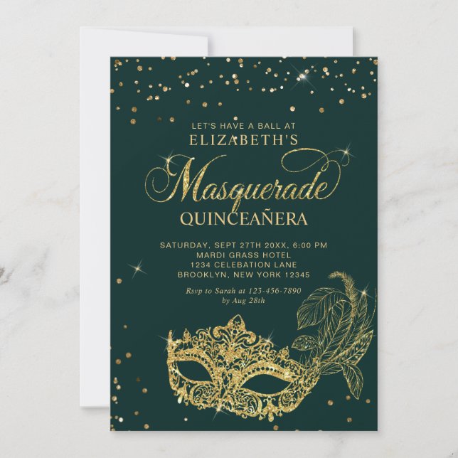 Photo Green Gold Glitter Masquerade Quinceañera Invitation (Front)