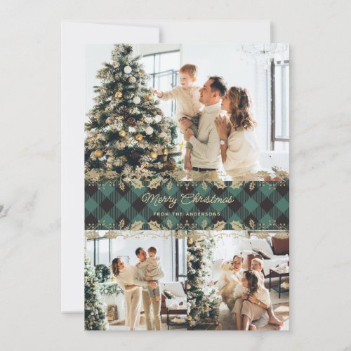 Photo Green Gold Holly Plaid Merry Christmas Card