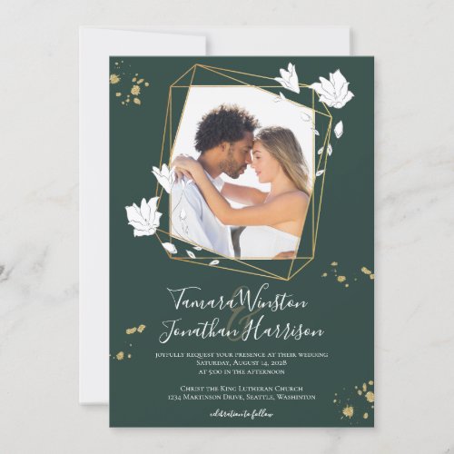 Photo Green Gold Line Art Floral Geometric Invitation