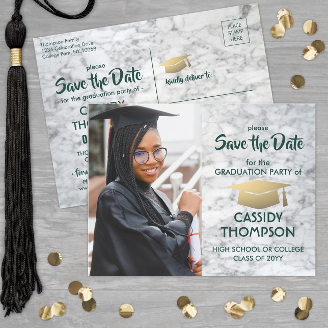 Photo Green & Gold Marble Graduation Save the Date Postcard (Creator Uploaded)