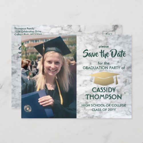 Photo Green  Gold Marble Graduation Save the Date Postcard