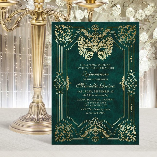 Photo Green Gold Masquerade Quinceanera Invitation (Creator Uploaded)
