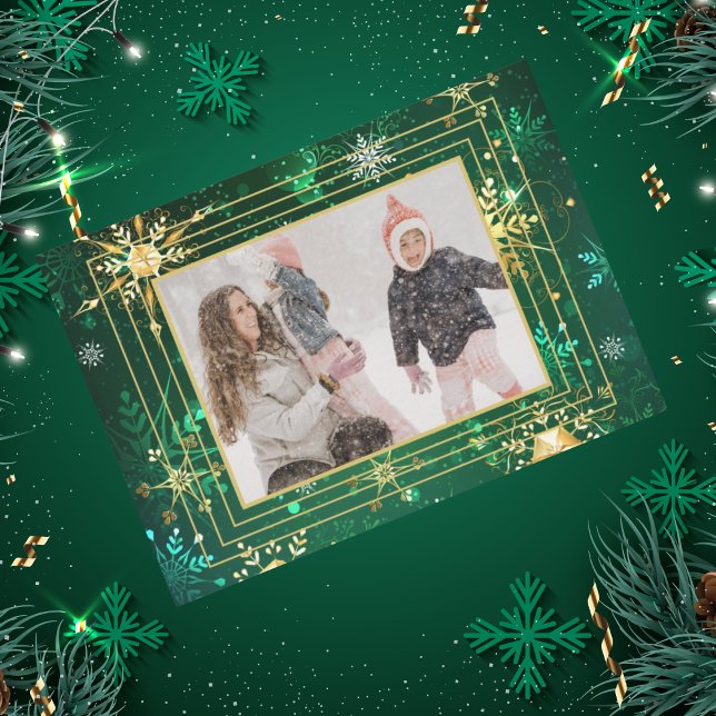 Photo Green Gold Snowflake Xmas Christmas Holiday  Card (Creator Uploaded)