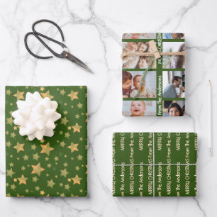 Photo Green Gold Star Pattern Vintage Christmas Wrapping Paper Sheets