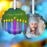 Photo Green Hanukkah Menorah Candles Modern Boho Ornament Card<br><div class="desc">“Happy Hanukkah.” A playful, modern, artsy illustration of boho pattern candles and handwritten calligraphy script help you usher in the holiday of Hanukkah in style. Assorted blue boho candles with colorful faux foil patterns overlay a rich, green textured background on the front. Your favorite photo adorns the back. Feel the...</div>