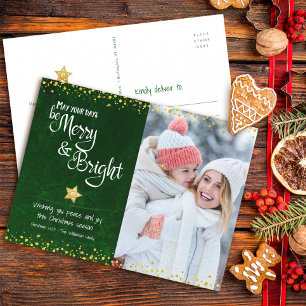 Photo Green Merry Bright Script Gold Star Glitter Holiday Postcard