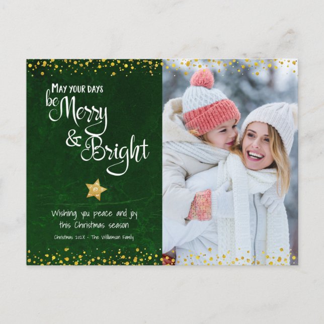 Photo Green Merry Bright Script Gold Star Glitter Holiday Postcard (Front)