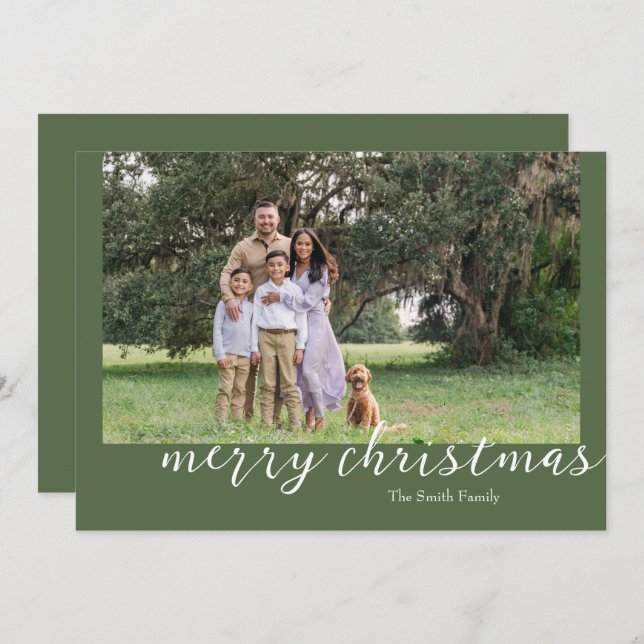 Photo Green Minimal Script Christmas Card  (Front/Back)