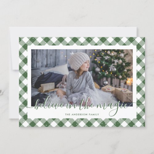 Photo Green Plaid Snow Calligraphy Believe Holiday Card