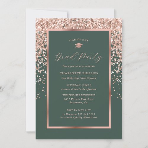 Photo Green Rose Gold Confetti Script Grad Party Invitation