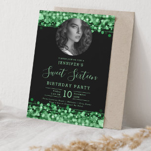 PHOTO Green Sparkles Sweet 16 Birthday Party Invitation