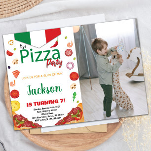 Photo Green White Red Pizza Birthday Invitations