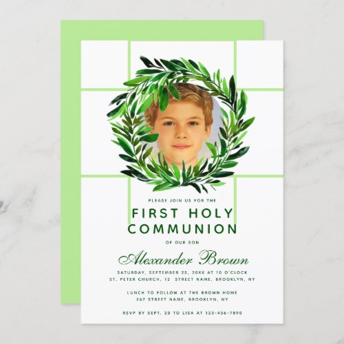 Photo Greenery First Communion Watercolor Wreath Invitation