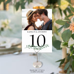 Photo Greenery Wedding Table Number Sign<br><div class="desc">Decorate your wedding reception tables with photo memories on your table number signs. These 3.5x5" signs feature a photo on each side (the same or different), names and a watercolor greenery accent. Include various photos of the bride and groom's engagement photos or dating pictures through the years to entertain guests...</div>