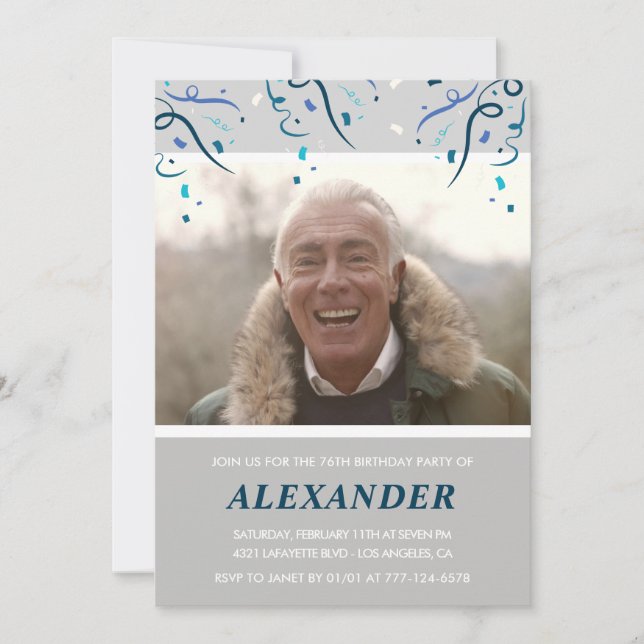 Photo Grey for him Confetti 76th birthday Invitation (Front)