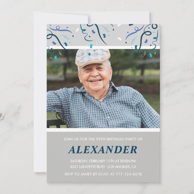 Photo Grey for him Confetti 99th birthday Invitation (Front)