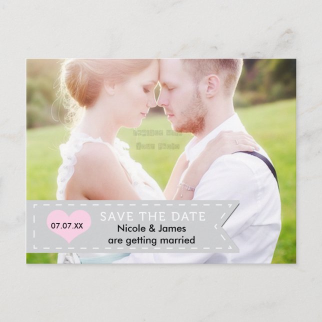 PHOTO Grey & Pink Banner SAVE THE DATE Postcard (Front)