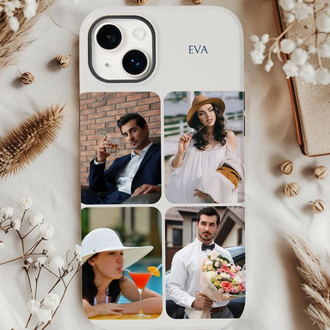 Photo Grid 4 Pictures Name or Initials Neutral Case-Mate iPhone Case (Natural personalized iphone case with 4 picture photo collage by Darling & May)