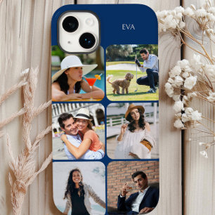Photo Grid 6 Pictures Name or Initials Blue iPhone 14 Plus Case