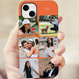 Photo Grid 6 Pictures Name or Initials Orange iPhone 14 Plus Case