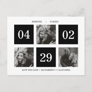 Photo Grid Collage Black SAVE THE DATE Announcement Postcard