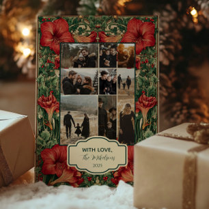 Photo Grid Vintage Red Amaryllis Botanical Christm Holiday Card