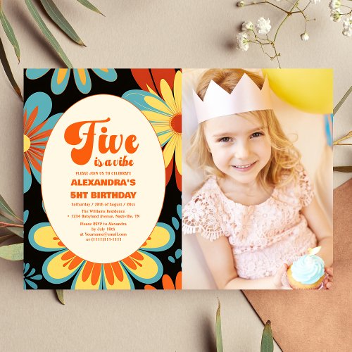 Photo Groovy Five is a vibe Retro Floral 5th  Invitation