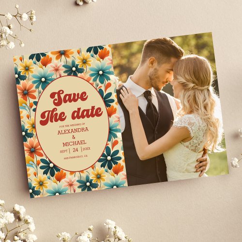 Photo Groovy Retro 70s Floral Wedding Save The Date