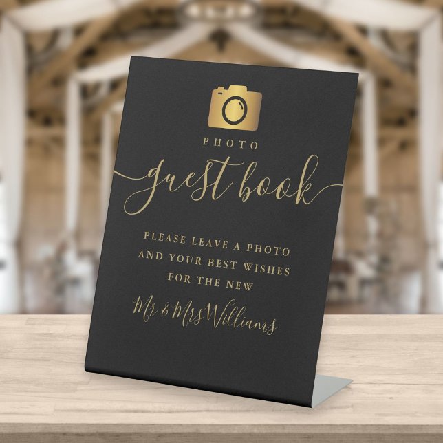 Photo Guest Book Black And Gold Signature Script Pedestal Sign (Creator Uploaded)