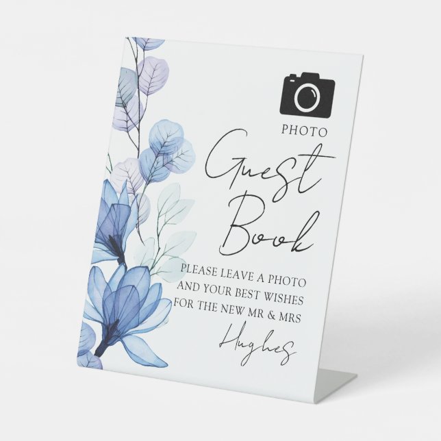 Photo Guest Book Dusty Blue Floral Wedding Pedestal Sign (Front)