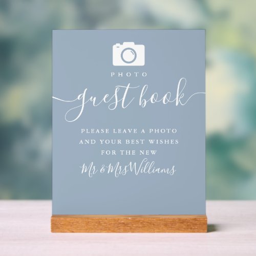 Photo Guest Book Dusty Blue Signature Script Acrylic Sign