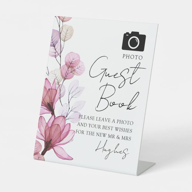 Photo Guest Book Dusty Rose Floral Wedding Pedestal Sign (Front)