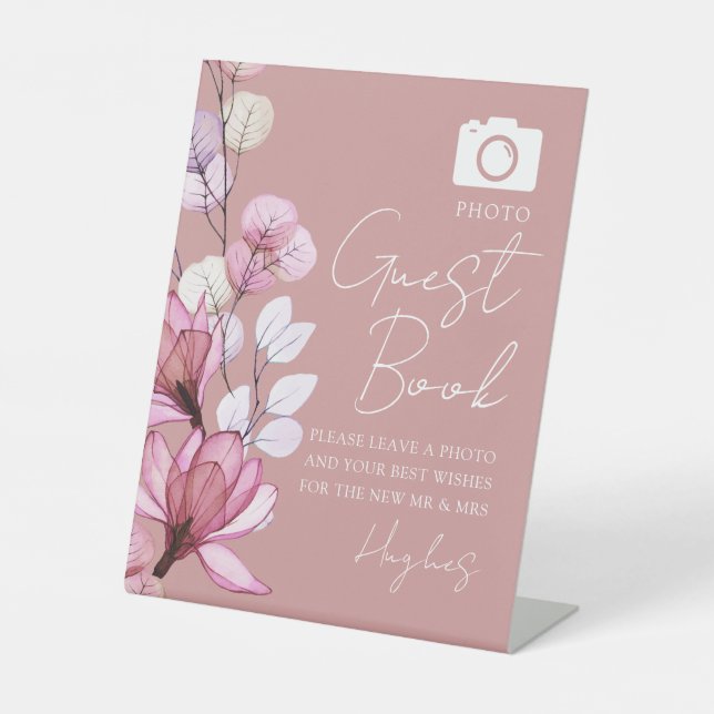 Photo Guest Book Floral Dusty Rose Wedding Pedestal Sign (Front)