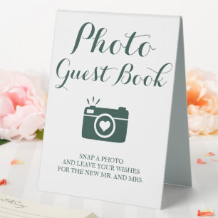 Photo Guest Book Green and White Wedding  Table Tent
