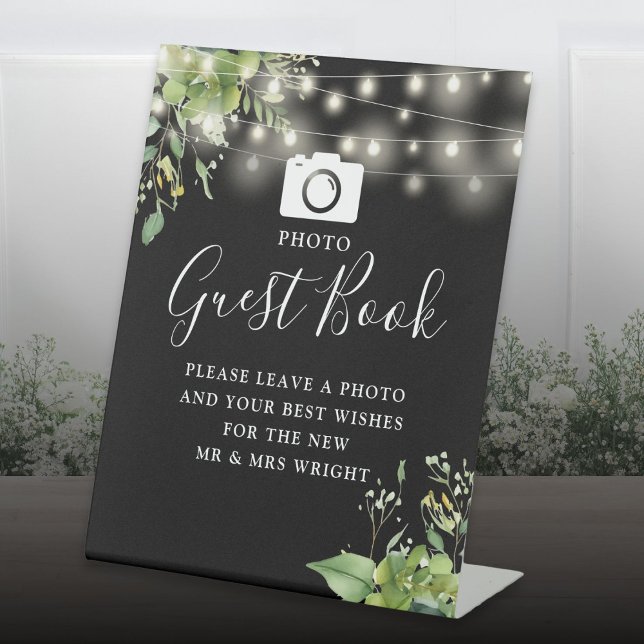 Photo Guest Book Greenery Black And White Wedding Pedestal Sign (Gold Jenga Guest Book Minimalist Modern Pedestal Sign)