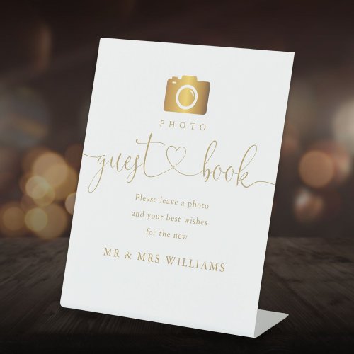 Photo Guest Book Modern Elegant Gold Script  Pedestal Sign