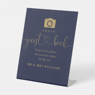 Photo Guest Book Navy Blue And Gold Script  Pedestal Sign