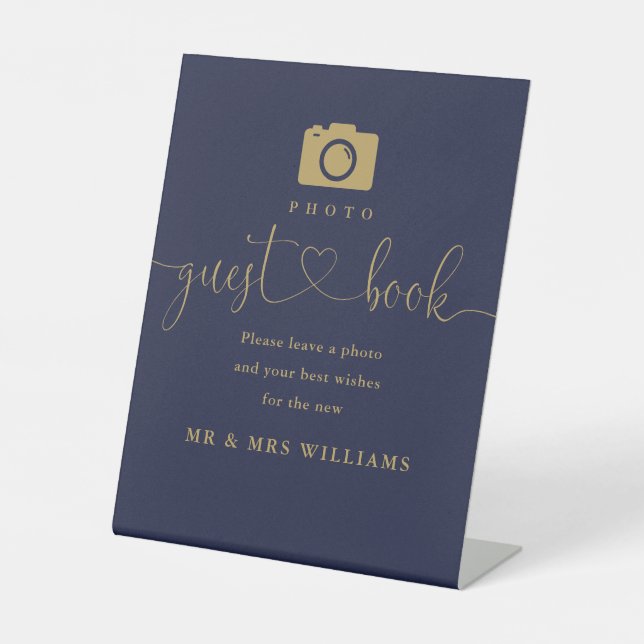 Photo Guest Book Navy Blue And Gold Script  Pedestal Sign (Front)