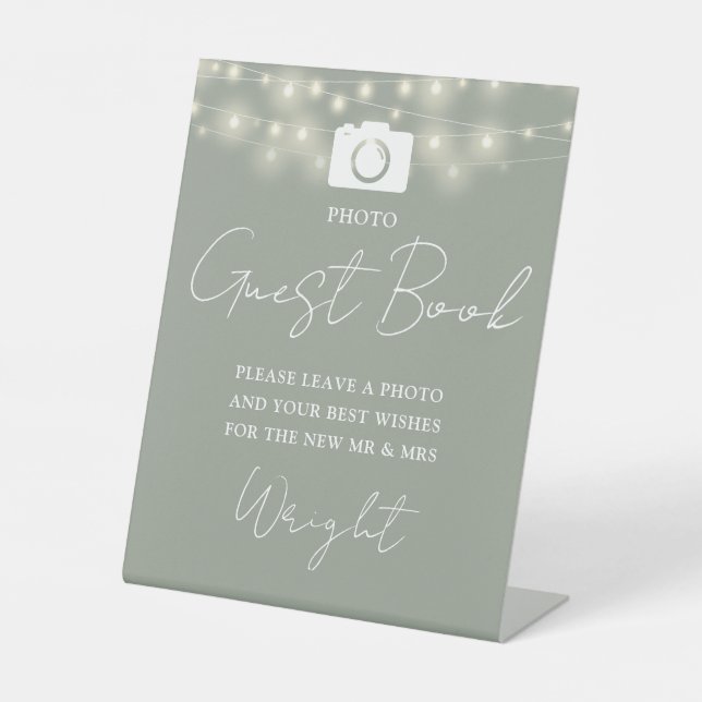 Photo Guest Book Sage Green String Lights Wedding Pedestal Sign (Front)