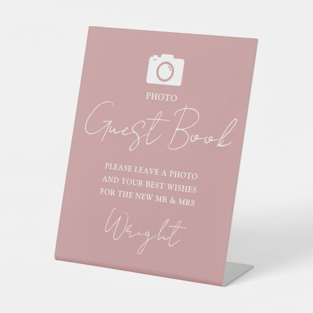Photo Guest Book Script Dusty Rose Pink Wedding Pedestal Sign (Front)