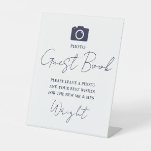 Photo Guest Book Script Navy Blue Wedding Pedestal Sign