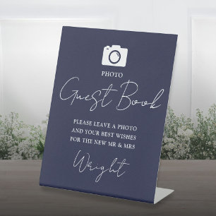 Photo Guest Book Script Navy Blue Wedding Pedestal Sign