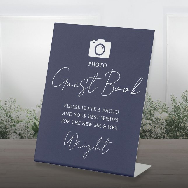 Photo Guest Book Script Navy Blue Wedding Pedestal Sign (Photo Guest Book Script Navy Blue Wedding Pedestal Sign)
