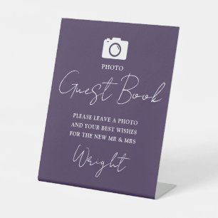 Photo Guest Book Script Purple Wedding Pedestal Sign