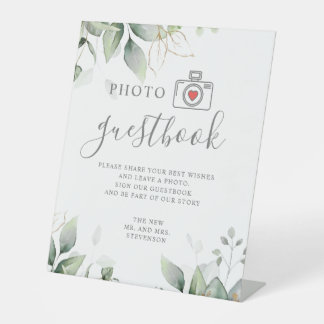 Photo guestbook eucalyptus & gold greenery wedding pedestal sign
