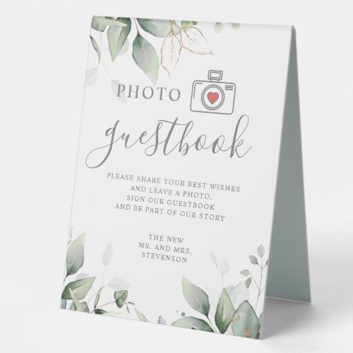 Photo guestbook eucalyptus  gold greenery wedding table tent sign