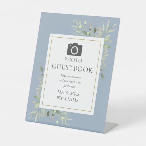 Photo Guestbook Watercolor Greenery Dusty Blue Pedestal Sign