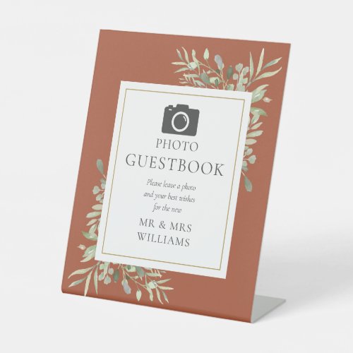 Photo Guestbook Watercolor Greenery Terracotta Pedestal Sign