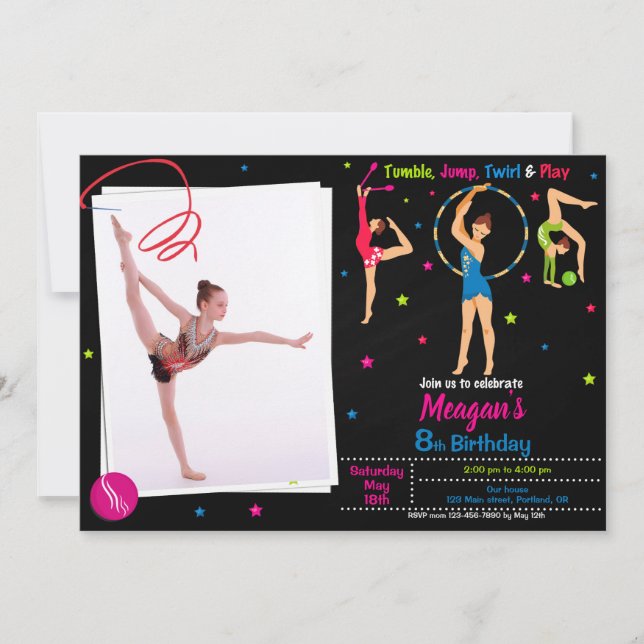 Photo Gymnastics birthday invitation Girl tumbling (Front)