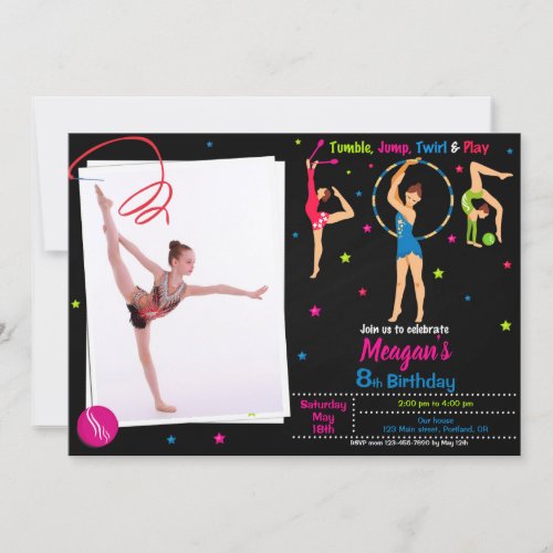 Photo Gymnastics birthday invitation Girl tumbling